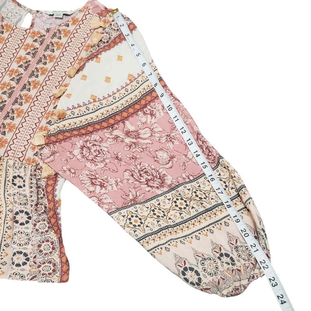SOLD-American Eagle Pink Patchwork Peasant Top Boho Embroidered Tassel Flare M - Picture 10 of 16
